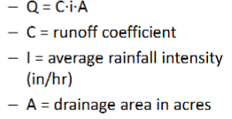<p>Rational Runoff Method: Q = CiA.</p>