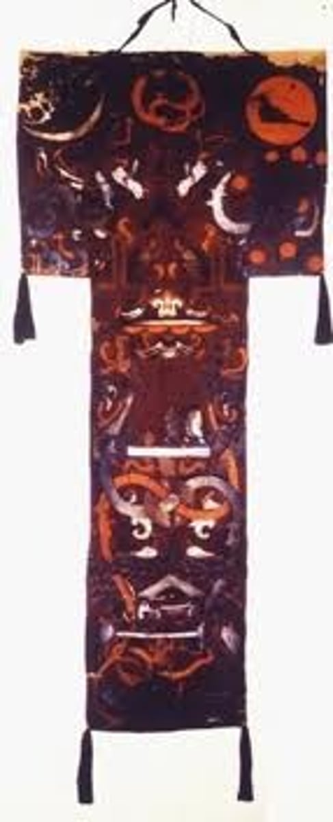 <p>Han Dynasty, China</p><p>c. 180 BCE</p><p>Form: Painted silk</p><p>Function: Believed to be used in a funerary procession. Used and made for Lady Dai</p><p>The painted silk banner was made for Lady Dai and was probably part of the funerary procession before it was placed over the inner coffin of her tomb. The banner has helped historians understand the importance of immortality and the afterlife for the Han Dynasty, as well as the cosmological influence that was mixed with Chinese traditional imagery and Daoist symbolism.</p>