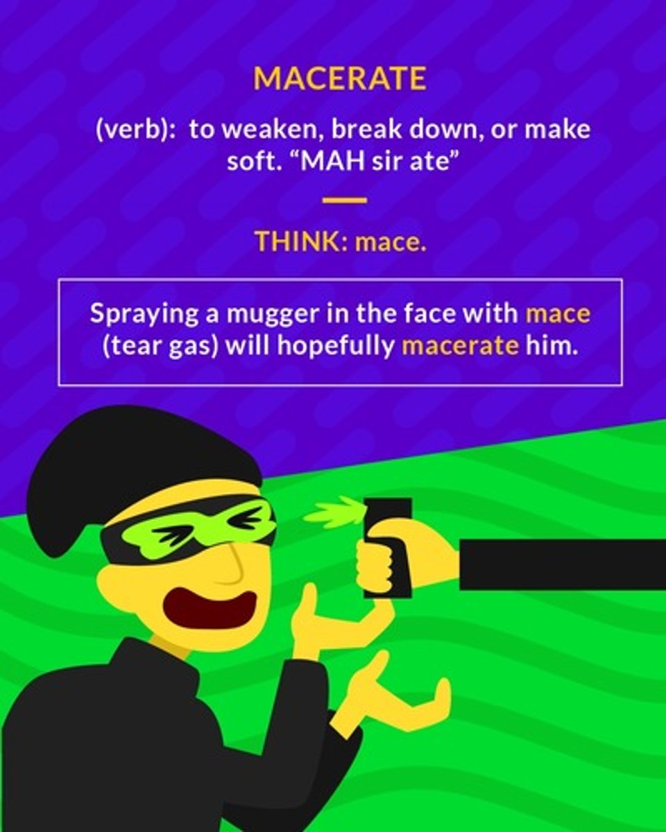 <p>(verb) soften or break up by soaking; weaken</p>