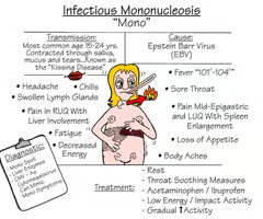<p><br>fever</p><p style="text-align: left;">lethargy</p><p style="text-align: left;">sore throat</p><p style="text-align: left;">swollen lymph glands</p><p style="text-align: left;">increased WBC</p><p style="text-align: left;"><strong>splenomegaly</strong></p><p style="text-align: left;">hepatic involvement</p>