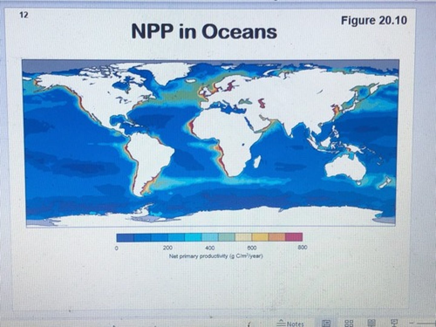 <p>NPP varies within oceans <br><br>Dark blue = only surface level photosynthesis<br><br>Coastal areas = hotspots, marine life is producing a lot of carbon, global marine productivity + most biologically productive areas on the planet, high net productivity<br><br>e.g., UK, hotspot for marine productivity of carbon</p>