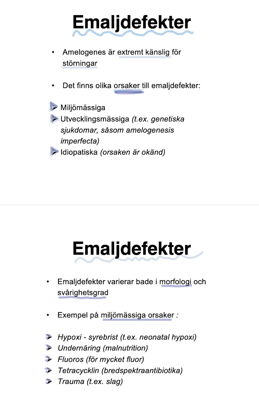 <ul><li><p><mark data-color="yellow" style="background-color: yellow; color: inherit">Amelogenesis är extremt känsligt för störningar</mark></p><ul><li><p>Defekterna <u>varierar</u> både i <u>svårighetsgrad</u> och i <u>morfologi</u></p></li></ul></li><li><p>Olika orsaker:</p><ul><li><p><mark data-color="green" style="background-color: green; color: inherit">Miljömässiga</mark> (ex karies, trauma, undernärning)</p></li><li><p><mark data-color="green" style="background-color: green; color: inherit">Utvecklingsmässiga</mark> (ex genetiska sjukdommar <span style="color: rgb(108, 108, 108)">AI</span>)</p></li><li><p><mark data-color="green" style="background-color: green; color: inherit">Idio-patiska</mark> (ej känd orsak)</p></li></ul></li></ul><p></p>