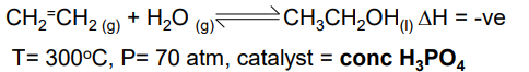 <ul><li><p>Low temp gives good yield but slow rate</p></li><li><p>High pressure gives good yield and high rate, but too high pressure leads to high energy costs for pumps to produce the pressure</p></li><li><p>High pressure also leads to unwanted polymerisation of ethene to polyethene</p></li></ul><p></p>