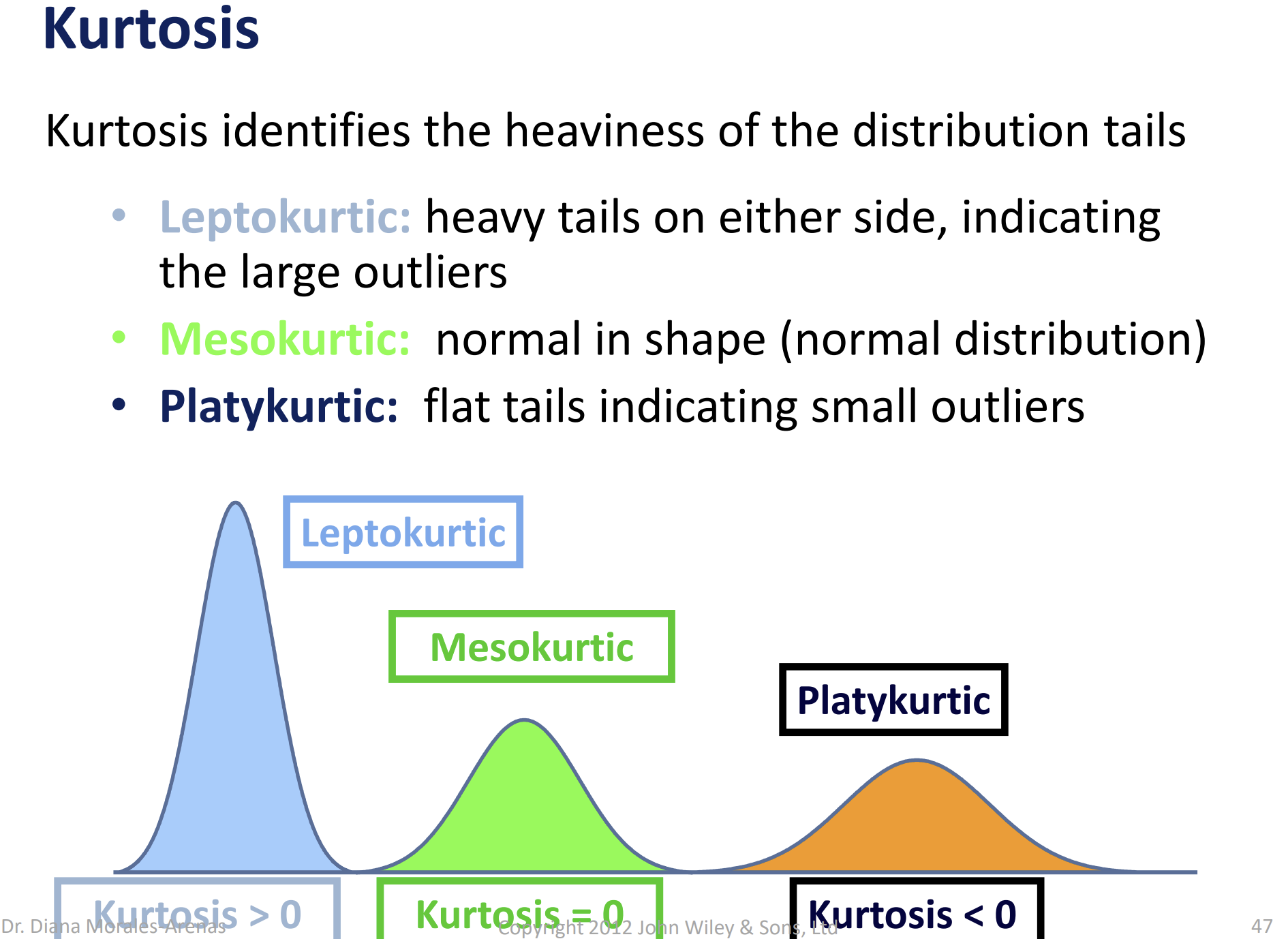 <p>Peakedness of a distribution. </p><p>Defines how heavily the tails of a distribution differ from the tails of a normal distribution. In other words, kurtosis identifies whether the tails of a given distribution contain extreme values. (heaviness of the distribution tails.)&nbsp;</p><ul><li><p>Leptokurtic: high and thin</p></li><li><p>Mesokurtic: normal in shape (normal distribution)</p></li><li><p>Platykurtic: flat and spread out</p></li></ul><p></p>