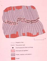 <p>a linear settlement pattern where each farmstead is at one end of a long, narrow rectangular lot. Ecah has access to a maor linear resource like a river, major road, etc.</p><p>Seen in North America, West Africa, Southeast Asia, and South America</p>