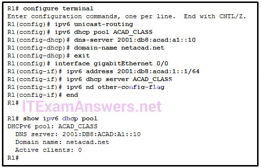 <p><strong>8. Refer to the exhibit. A network administrator is configuring a router as a DHCPv6 server. The administrator issues a show ipv6 dhcp pool command to verify the configuration. Which statement explains the reason that the number of active clients is 0?</strong></p>