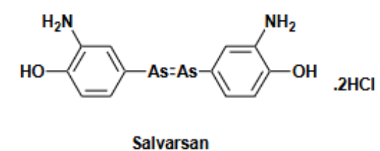 <p>arsenic ‘azo dye’</p><p>contains arsenic and a coating to reduce toxicity</p><p>replaced using Hg salts</p><p>magic bullet</p>