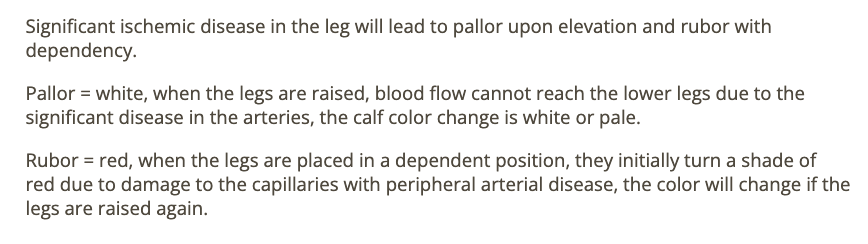 <p>d) pallor w/elevation; rubor w/dependency </p>