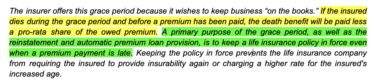 <p>An insurer will accept a premium from the insured and continue the coverage in full force as though it was NOT late during which time period?</p><ul><li><p>Incontestable period</p></li><li><p>Probation period</p></li><li><p>Reinstatement period</p></li><li><p>Grace period</p></li></ul>