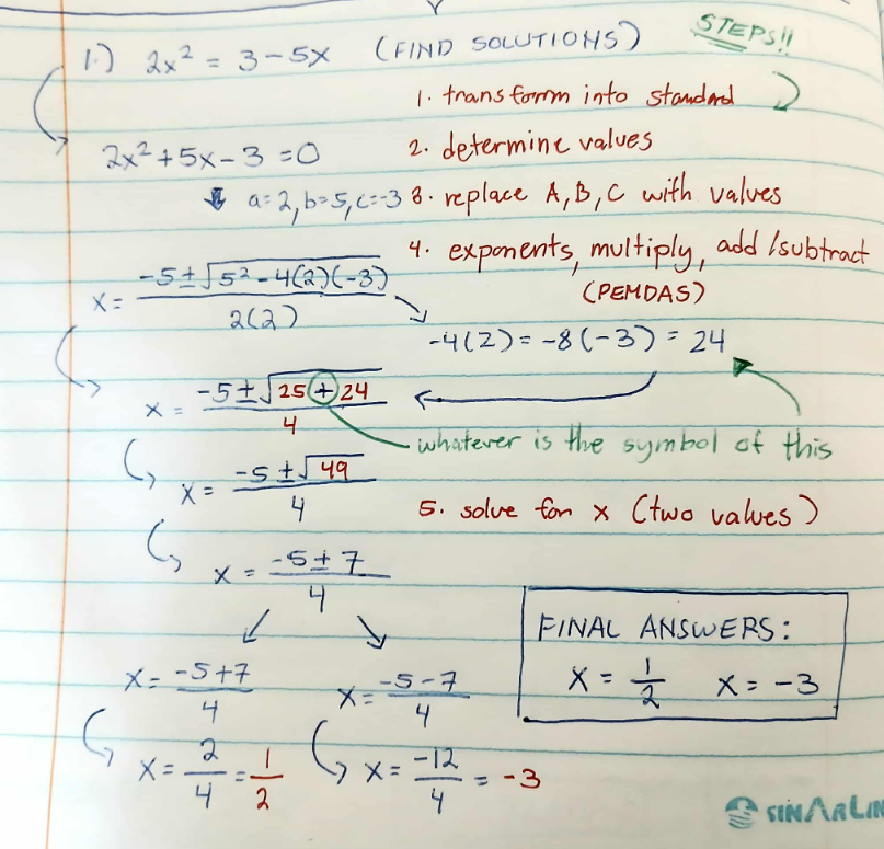 <ol><li><p>write the given in standard form (ax² + bx + c = 0)</p></li><li><p>get the values of A, B and C</p></li><li><p>replace A, B, and C in the quadratic formula with the values you have</p></li><li><p>PEMDAS (parenthesis, exponents, multiplication, division, addition, subtraction)</p></li><li><p>solve for the two possible values of x</p><p>(take note that in the quadratic formula, the “-” in -b doesn’t change. it means -1(b))</p></li></ol><p></p>