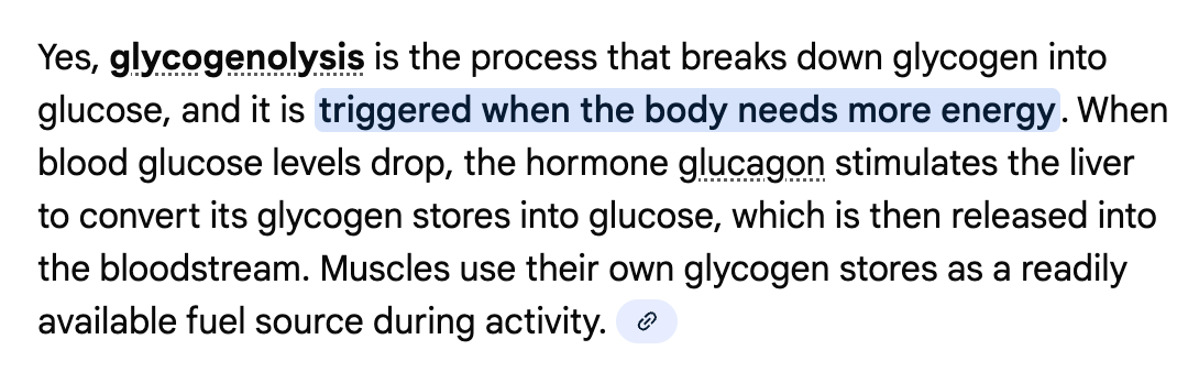<p>Glycogen gets broken down via.&nbsp;“glycogenolysis” into glucose again</p>