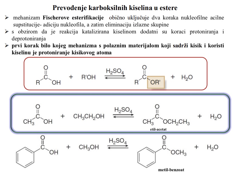 <ul><li><p>Ukljucuje dva koraka nukleofilne acilne supstitucije - adiciju nukleofila, a zatim eliminaciju izlazne skupine</p></li><li><p>S obzirom da je reakcija katalizirana kiselinom dodatni koraci su protoniranje i deprotoniranje</p></li></ul><p></p>