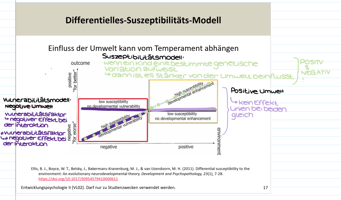<p><span style="background-color: rgb(204, 193, 217);"><strong>Differentielles Suszeptibilitäts-Modell:</strong></span></p><ul><li><p>&nbsp;<span>Genetische Faktoren werden nicht mehr als Risikofaktoren bzw. als Vulnerabilitätsfaktoren betrachtet sondern als Suszeptibilitätsfaktoren oder Sensitivitätsfaktoren</span></p></li></ul><p><span style="background-color: rgb(229, 224, 236);">Paradigma:</span></p><ul><li><p><span>Wenn ein Kind eine bestimmte genetische Variation aufweist wird es von der Umwelt stärker beeinflusst</span></p></li><li><p><span>Dies gilt sowie führ negative aber auch für positive Umwelten</span></p></li><li><p><span>Siehe Abbild!!</span></p></li></ul><p></p>