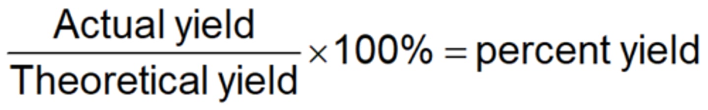 <p>The percent yield is the actual amount of a given product as the percentage of the theoretical yield.</p><p>Formula</p>