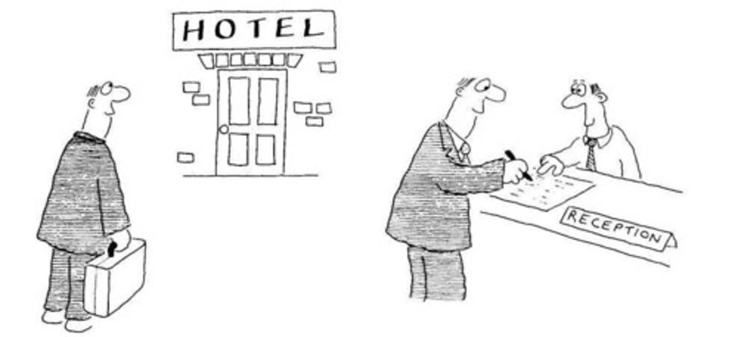 <p>to report one's arrival (at a hotel, an airport, etc.)</p>