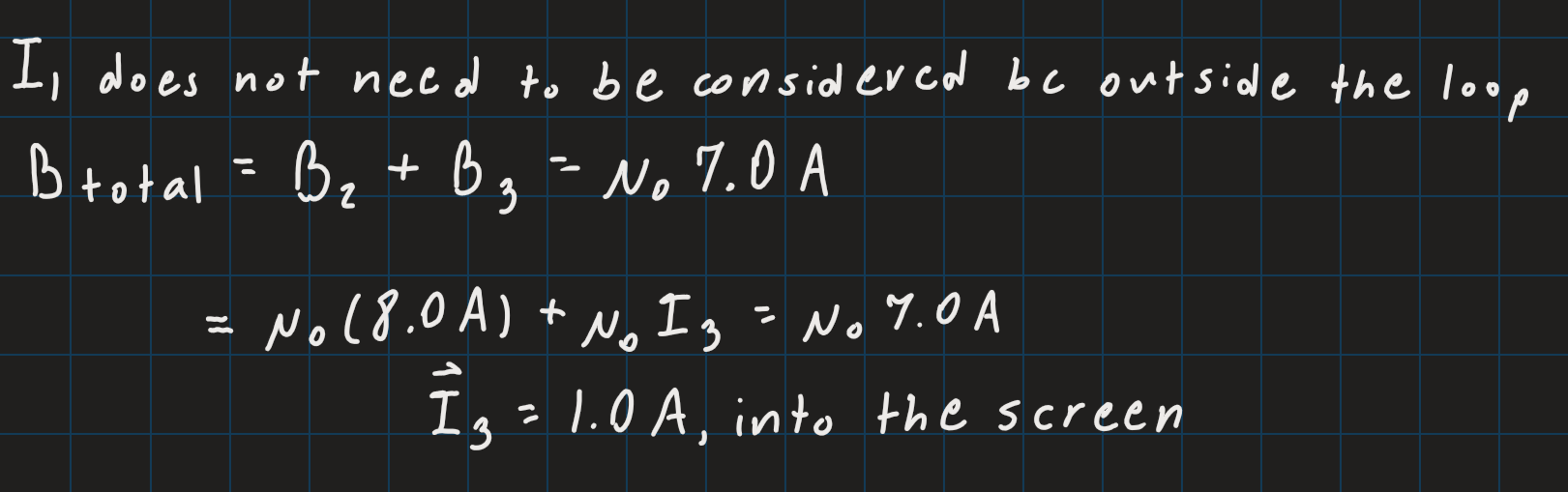 <p>C. 1 A into the screen </p><p>The total magnetic field is given as mu(7.0 A). </p><p>I1 does not need to be considered because it is outside of the loop. </p><p>I2 is 8.0 A out of the screen which is greater than the total I. I3 must be 1.0 A in the opposite direction (into the screen). </p>