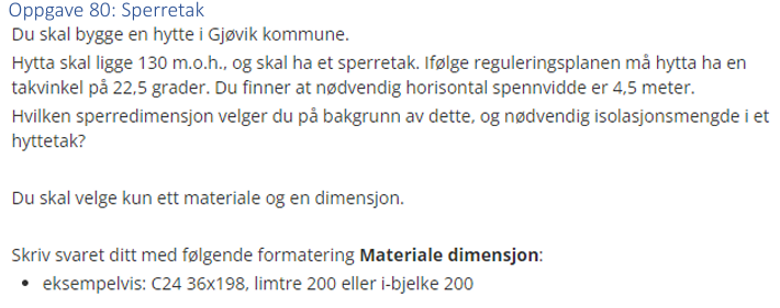 <p>(Sperretak) Materiale og dimensjon på sperretak på hytte i Gjøvik kommune</p>