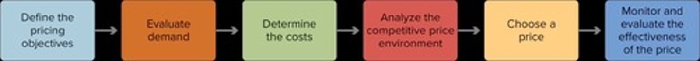 <p>The price-setting process includes defining pricing objectives, evaluating demand, determining costs, analyzing the competitive price environment, choosing a price, and monitoring and evaluating the effectiveness of the price.</p>
