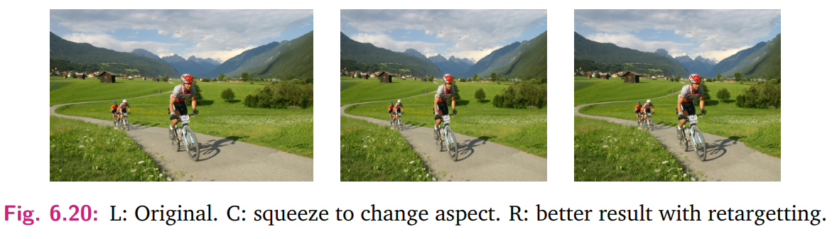 <p>Image retargeting changes an image's aspect ratio without distorting its proportions or losing semantic meaning. For example, Fig. 6.20 demonstrates horizontal retargeting, preserving the subject's aspect ratio while compressing less important side areas for a more pleasing result. </p>