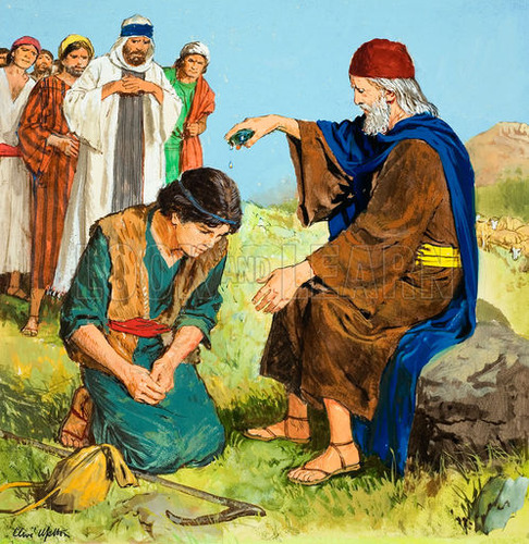 Smear or rub with oil, typically as part of a religious ceremony.