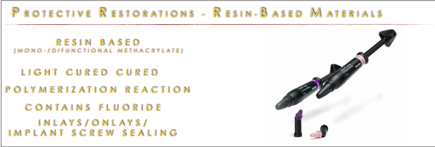 <ul><li><p>light cured polymerization reaction</p></li><li><p>contains flouride</p></li><li><p>uses: inlays/ onlays/ impant screw sealing</p></li><li><p>cure the resin base temp filling for 20 seconds</p></li></ul><p></p>