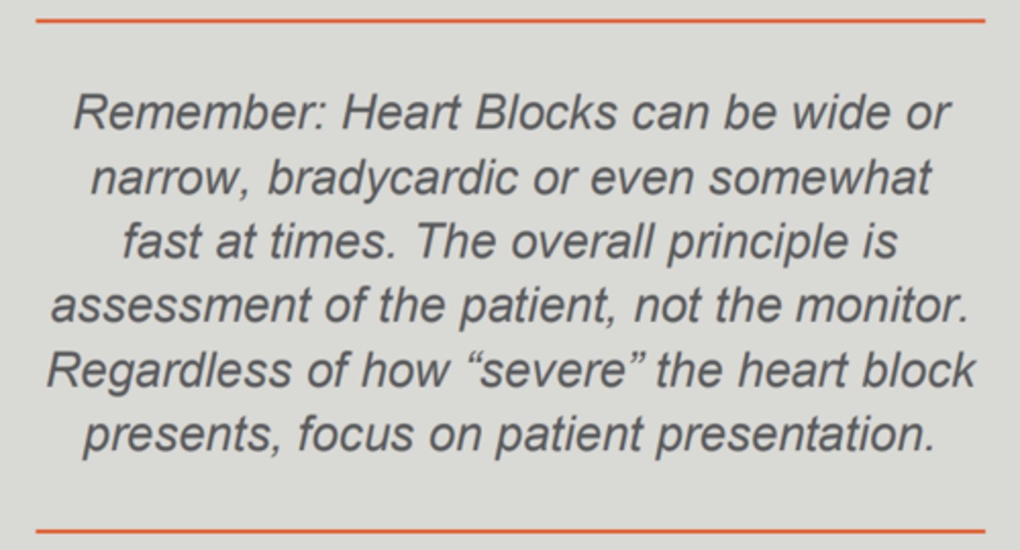 <p>• 1st Degree - PRI is > 0.20sec and 1:1 (P-wave for every QRS-complex) </p><p>• 2nd Degree Type I – PRI will INCREASE, QRS’s will drop. Remember phrase: “Going…Going…Going…Gone!” </p><p>• 2nd Degree Type II – PRI will remain CONSTANT and QRS’s will drop. </p><p>• 2nd Degree High Grade Block – Repetitive QRS complexes are dropped. </p><p>• 3rd Degree (Complete Heart Block) – Occurs when impulses are not received from the atria into the ventricles. Atria and ventricles will each depolarize at individual rate</p><p>***RATES CAN VARY FOR EVERY TYPE OF BLOCK***</p>