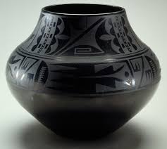 <p>Black on black ceramic vessel</p>