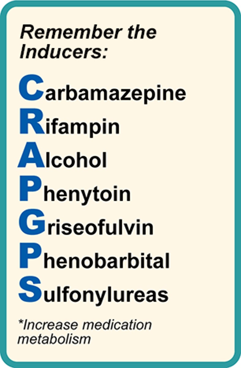 <p>Carbamazepine</p><p>Rifampin</p><p>Alcohol</p><p>Phenytoin</p><p>Griseofulvin</p><p>Phenobarbital</p><p>Sulfonylureas</p><p>Increase medication metabolism</p>
