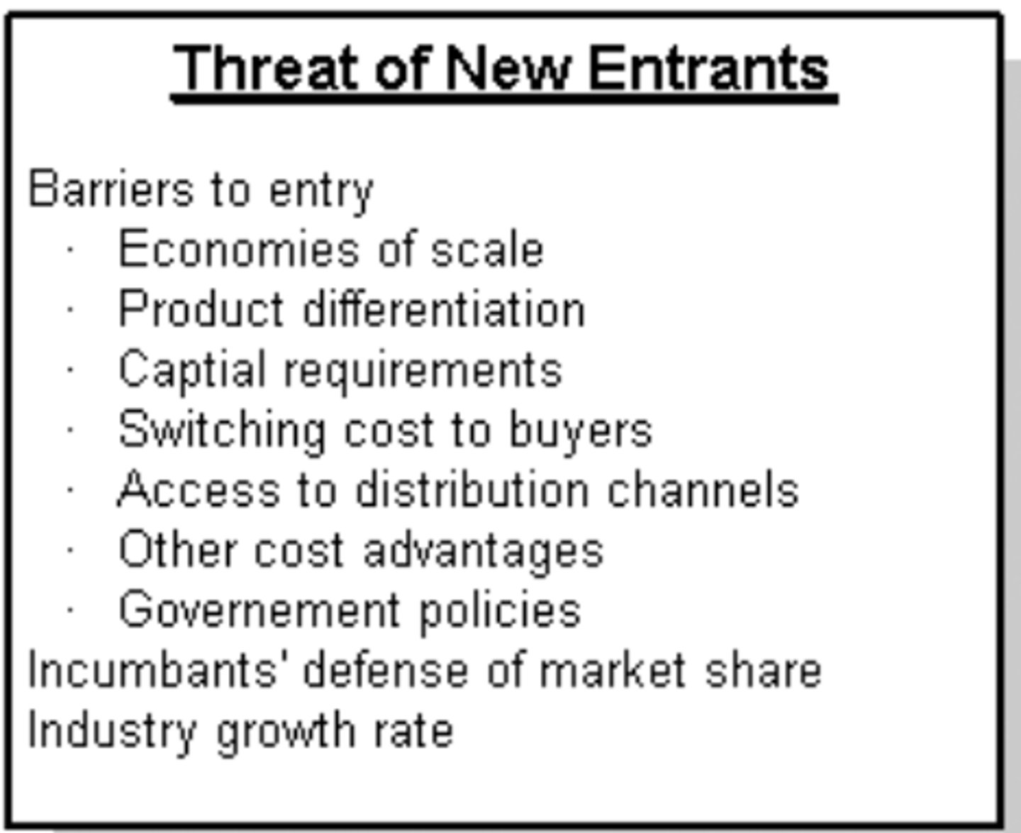 <p>The ease or difficulty with which new competitors can enter the market.</p>
