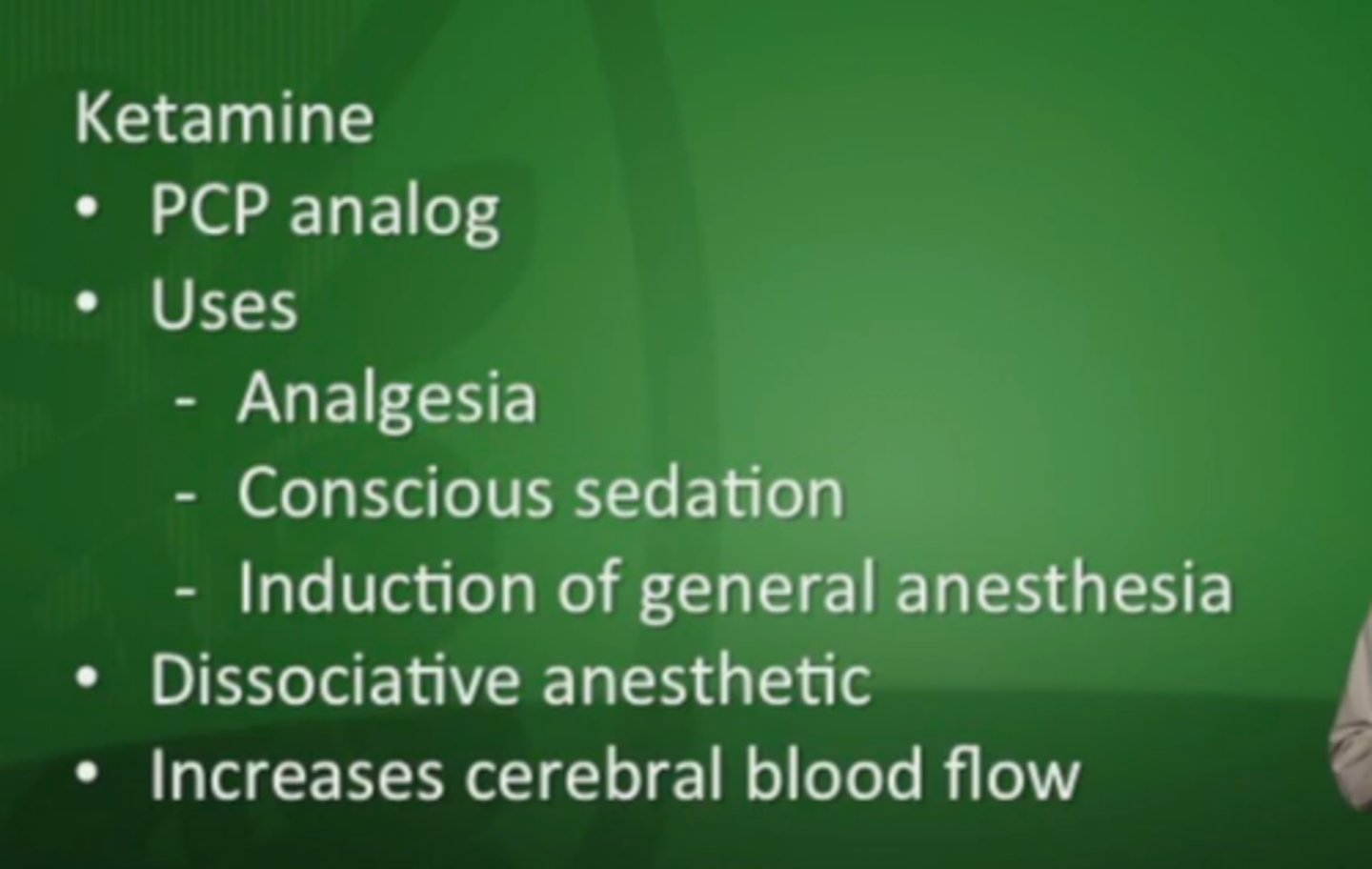 <p>consider in:</p><p>- painful, major procedures</p><p>- surgeries w high risk of chronic pain (amputation)</p><p>- chronic opioid use, high tolerance</p><p>AVOID in:</p><p>- coronary artery disease, vascular disease, elevated intracranial/ intra- ocular pressure</p><p>- pregnancy</p><p>- active psychosis</p>