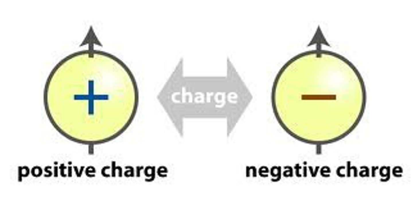 <p>electron or proton (electron = 1.60 x 10^-19 C)</p><p>like charges repel, unlike charges attract</p>