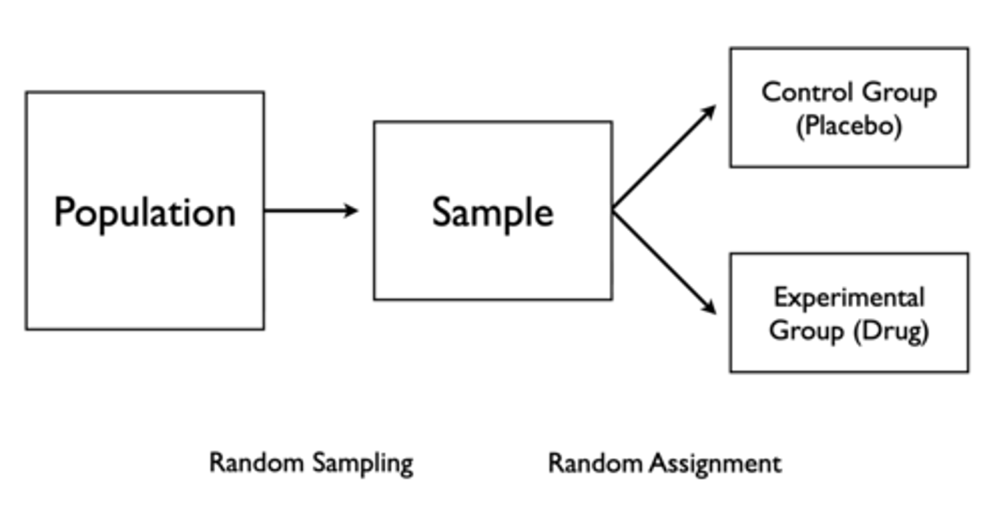 <p>1. Take a random sample from the population</p><p>2. Randomly assign people to control group (placebo) and experimental group (drug)</p>