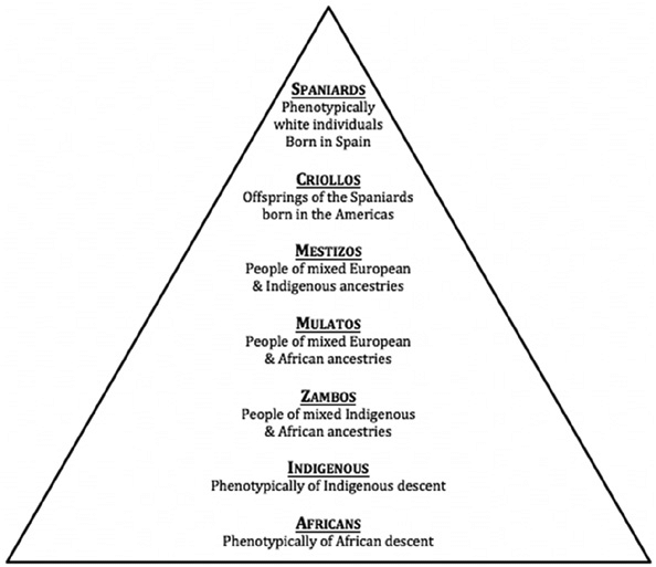 <ul><li><p><span>The ordering of social groups or caste systems of the Spanish defined the status of each group.</span></p></li><li><p><span>The order from top to bottom:</span></p></li></ul><p><span>-pure Spaniards, born in Spain</span></p><p><span>-pure Spaniards born in America (the&nbsp;</span></p><p><span>Creoles)</span></p><p><span>-mixed Spanish and Native Americans&nbsp;</span></p><p><span>(the Mestizos)</span></p><p><span>-mixed European and African (the&nbsp;</span></p><p><span>Mulatto)</span></p><p><span>-mixed African and Native American&nbsp;</span></p><p><span>(the Zambos)</span></p><p><span>-Native Americans</span></p><p><span>-Enslaved Africans</span></p><p><br></p>