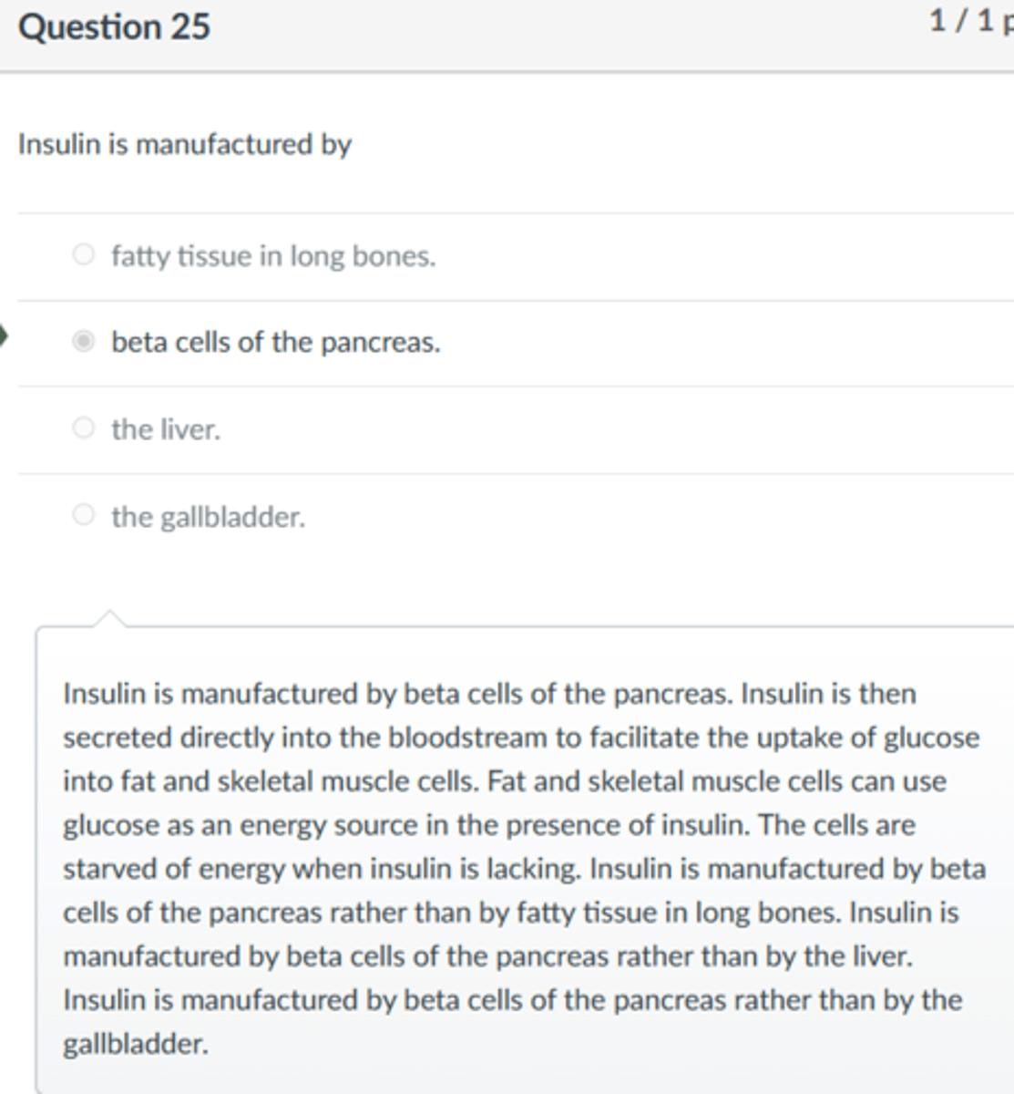 <p>beta cells of the pancreas.</p><p>Insulin is manufactured by beta cells of the pancreas. Insulin is then secreted directly into the bloodstream to facilitate the uptake of glucose into fat and skeletal muscle cells. Fat and skeletal muscle cells can use glucose as an energy source in the presence of insulin. The cells are starved of energy when insulin is lacking. Insulin is manufactured by beta cells of the pancreas rather than by fatty tissue in long bones. Insulin is manufactured by beta cells of the pancreas rather than by the liver. Insulin is manufactured by beta cells of the pancreas rather than by the gallbladder.</p>