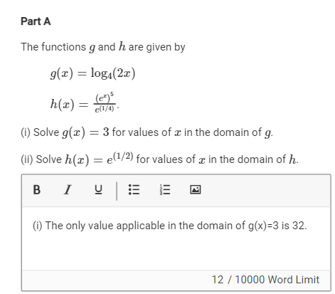 <p><span>(i) Solve&nbsp;𝑔𝑥=3&nbsp;for values of&nbsp;𝑥&nbsp;in the domain of&nbsp;𝑔.</span></p>