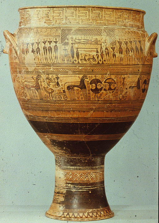 <ul><li><p>42.5” tall</p></li><li><p>Athens</p></li><li><p>no bottom to the pot</p><ul><li><p>people would pour liquid in the pot and it would flow out the bottom to the grave</p></li></ul></li><li><p>likely used to mark the grave of a man</p><ul><li><p>male body on bed with checkerboard above</p></li><li><p>other figures surrounding the body along with animals (possibly goats and ducks)</p></li><li><p>figures surrounding body with hands on their head (mourning gesture)</p></li><li><p>small figures possibly depicting children</p></li></ul></li><li><p>filling ornaments used to make scene more included in the pattern</p></li><li><p>Scene below funeral shows a chariot procession&nbsp;</p><ul><li><p>the grave possibly belonged to a warrior or chariot racer</p></li></ul></li></ul>