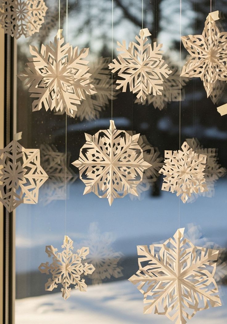 <p>We <strong>cut out snowflakes</strong> from paper.</p>
