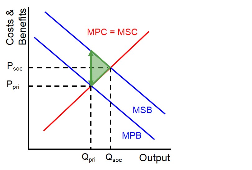 <ul><li><p>MSB > MPB → underconsumption</p></li><li><p>dead weightloss to society</p></li><li><p>there is an opportunity for government intervention to force the market to be socially efficient</p></li></ul><p></p>