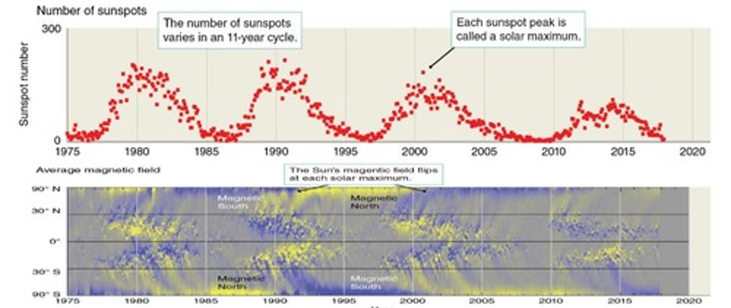 <p>11-year cycle of rising and falling sunspot numbers.</p>