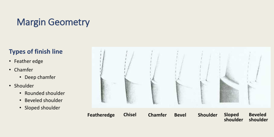 <ul><li><p>Finishing line - prepared and unprepared junction</p></li><li><p>Feather edge - very thin edge</p></li><li><p>Chamfer</p></li><li><p>Shoulder</p></li></ul><p></p>