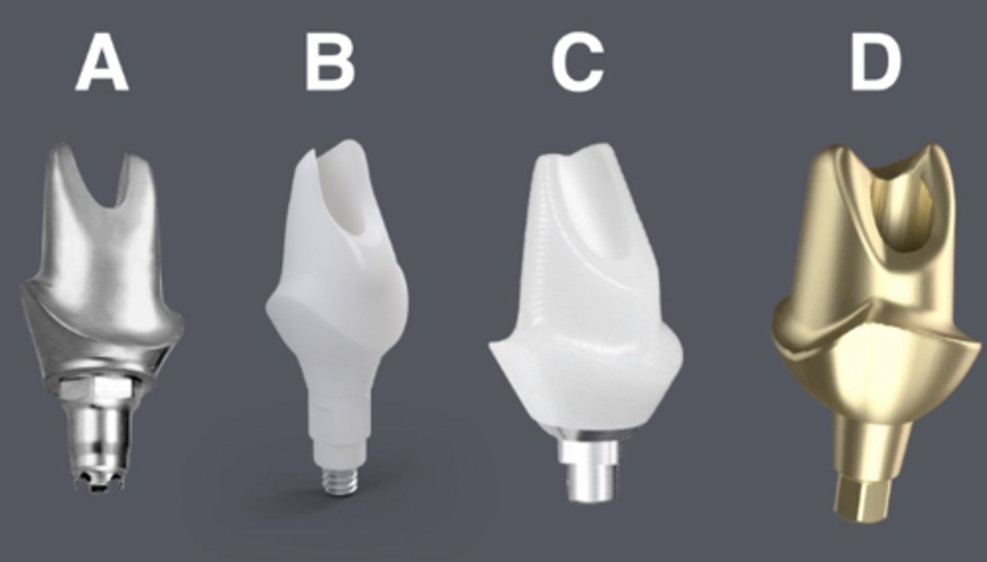 <p>Your patient requires a cement-retained implant crown for tooth #8 and is highly concerned about the cosmetic result. He desires the crown to appear as natural as possible. Based on the options provided in the figure, which one is LEAST likely to produce optimal aesthetics?</p>