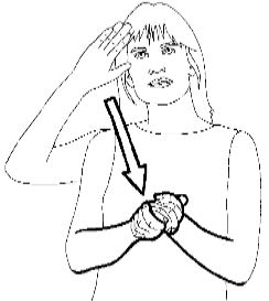 <p>Touch your forehead with your thumb and then bring it down to clasp your other hand in front of your lower chest</p>