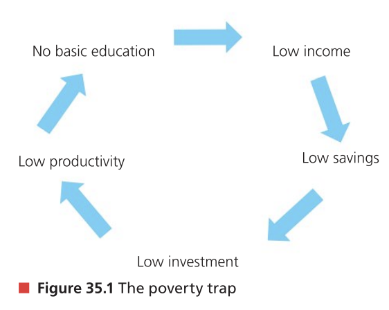 <p>A vicious cycle of poverty and deprivation causing even greater poverty, from one generation to the next. Low-income earners spend most, if not all, of their income in order to meet their essential needs but this also means they have insufficient funds to invest in their future so are trapped in poverty. Additionally, banks are unlikely to lend money to poor people as there is a high risk of them failing to repay the money borrowed. Government intervention or foreign aid is therefore required to bring people out of extreme poverty.</p>