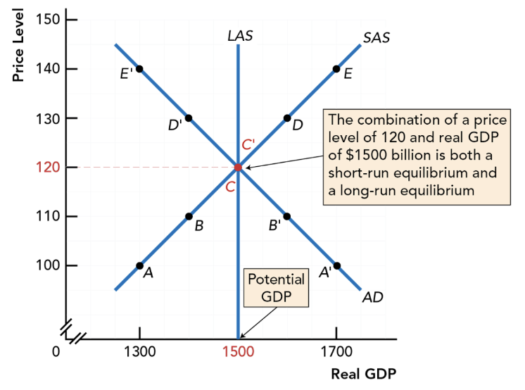 <p>In macroeconomic equilibrium, aggregate demand matches aggregate supply and there is no tendency to change</p><p><strong>Short-Run Macroeconomic Equilibrium:</strong> with existing inputs is point wheres short-run aggregate supply (SAS) and aggregate demand (AD intersect</p><p><strong>Long-Run Macroeconomic Equilibrium:</strong> with existing inputs is the point where SAS, AD, and LAS all intersect</p><ul><li><p>Aggregate quantity supplied and aggregate quantity demand of real GDP also equal potential GDP</p></li></ul><p></p>