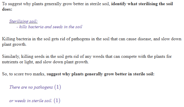 <p><span><strong><span>Part i) - Up to 2 marks:</span></strong></span></p><ul><li><p><span><span>•1. Less/no pathogens/diseases;</span></span></p></li><li><p><span><span>•2. Less/no (competition with) weeds;</span></span></p></li></ul><p></p>