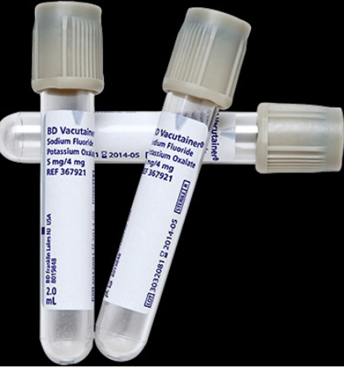 <p>anticoagulant: potassium oxalate<br>additive: sodium fluoride (antiglycolytic agent)<br>glucose and blood alcohol testing</p>