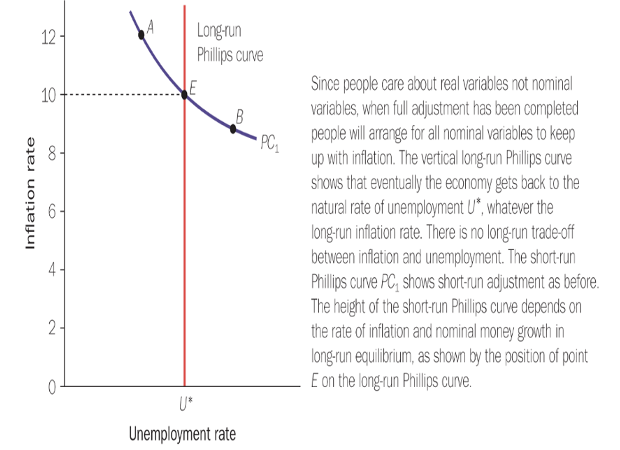 <p>In the long run, the Phillips Curve is vertical at the natural rate of unemployment—the level of unemployment consistent with potential output.</p><p>This means there is no long-run trade-off between inflation and unemployment.</p><p>Over time, expectations adjust, and workers incorporate inflation into wage demands, eliminating the short-run effects of demand shocks on unemployment.</p><p>As a result, attempts to lower unemployment below its natural rate using expansionary policy will only lead to higher inflation, not sustained lower unemployment.</p>
