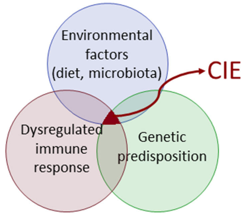 <p>unknown, likely due to a combination of factors such as:</p><p>-environmental factors</p><p>-dysregulated immune response</p><p>-genetic predispositions</p>