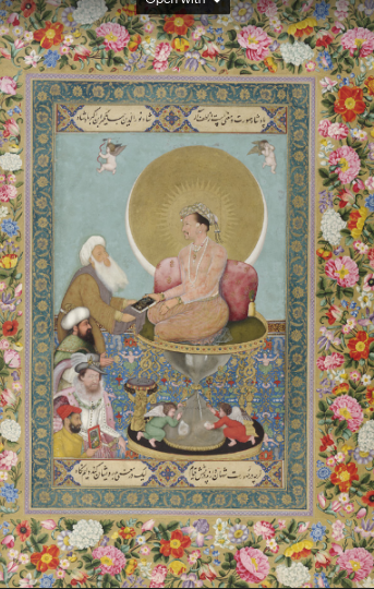 <p>1620 CE </p><p>India</p><p>Bichtir </p><p>watercolor, gold ink on paper, arabic scripture, halo behind, two angels behind, ottoman sultan, king of England(colonized), the artist, all depicted in the painting </p><p>Akbar 3rd emperor of Mughal dynasty consults with a Sufi Shaikh for a son </p>