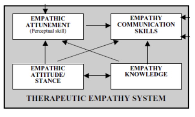 <p>empathic attunement, empathy communication skills, empathic attitude/stance, empathy knowledge. </p>
